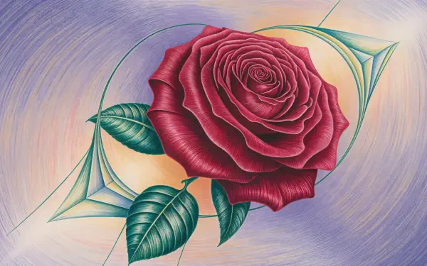 Colored pencil illustration of a red rose with green leaves set against a swirling pastel circular field with geometric accents — 4K Ultra HD PC desktop wallpaper and background.
