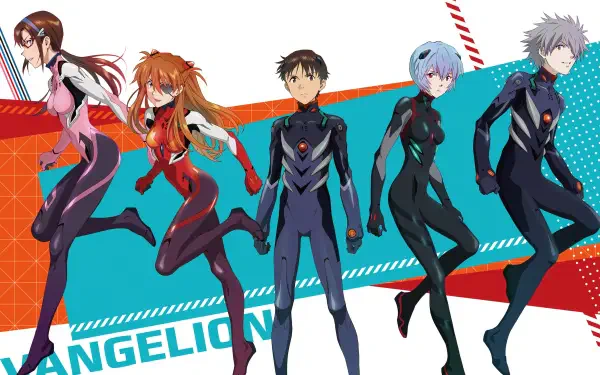 Evangelion: 1.0 You Are (Not) Alone — 4K Ultra HD PC desktop wallpaper showing five pilots in black plugsuits striking dynamic poses against a red and teal geometric background.