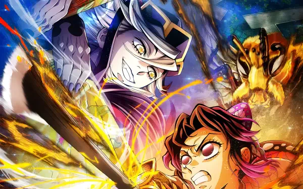 4K Ultra HD PC wallpaper featuring Shinobu Kochou from the anime Demon Slayer: Kimetsu no Yaiba — The Movie: Infinity Castle in a vibrant, fiery battle scene.