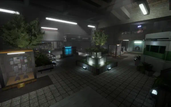 HD PC desktop wallpaper from the video game Abiotic Factor — dim, moody sci‑fi interior atrium with tiled floor, planters, kiosks and glowing consoles.