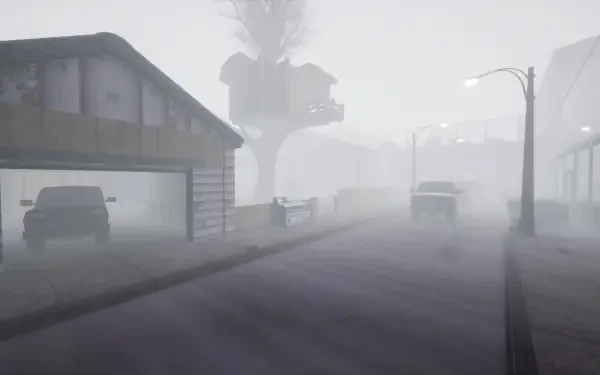 HD PC desktop wallpaper for the video game Abiotic Factor: fog-shrouded suburban street with parked cars, muted houses and dim streetlights fading into the mist.