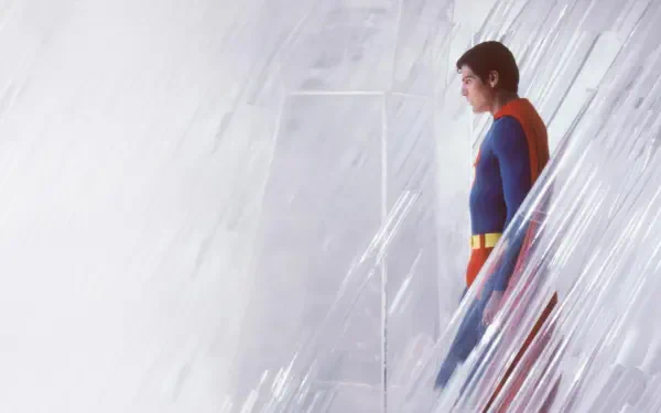 Superman (1978) in blue-and-red suit, side profile beside a crystalline wall; HD PC desktop wallpaper and background with soft light and minimalist composition.