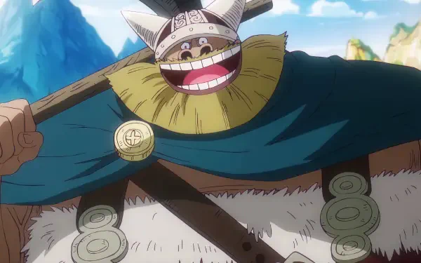 Anime One Piece HD PC desktop wallpaper: Brogy grinning in a fur cloak and horned helmet, holding a wooden club against a bright sky background.