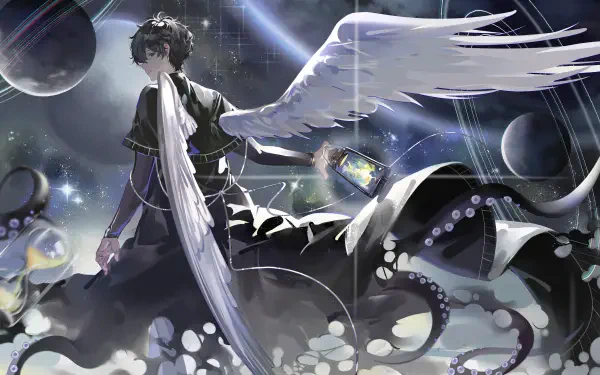 Lord of Mysteries 4K Ultra HD PC desktop wallpaper and background: winged figure clutching a glowing tome amid swirling tentacles, planets and stars in a dark, cosmic tableau.