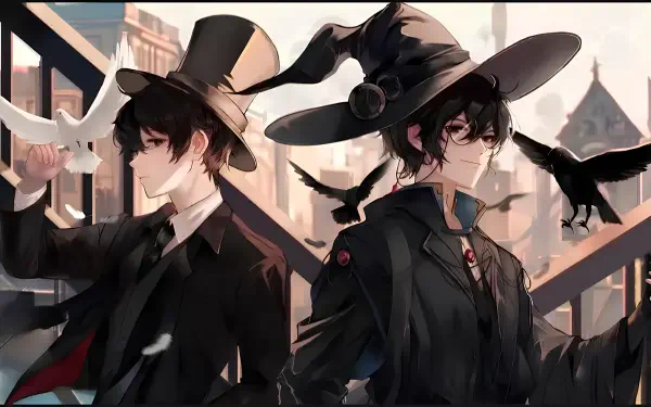 Novel 4K Ultra HD PC desktop wallpaper and background: two darkly dressed characters in wide-brim hats stand back-to-back on rooftops, one with a white dove, one with a black crow.
