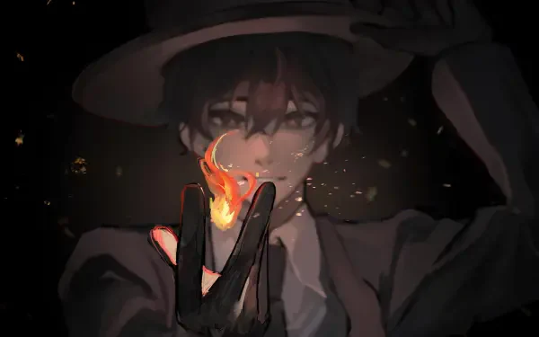 Novel-themed HD PC desktop wallpaper: moody anime-style figure in a wide-brim hat cradling a small flame between gloved fingers against a dark, starry background.