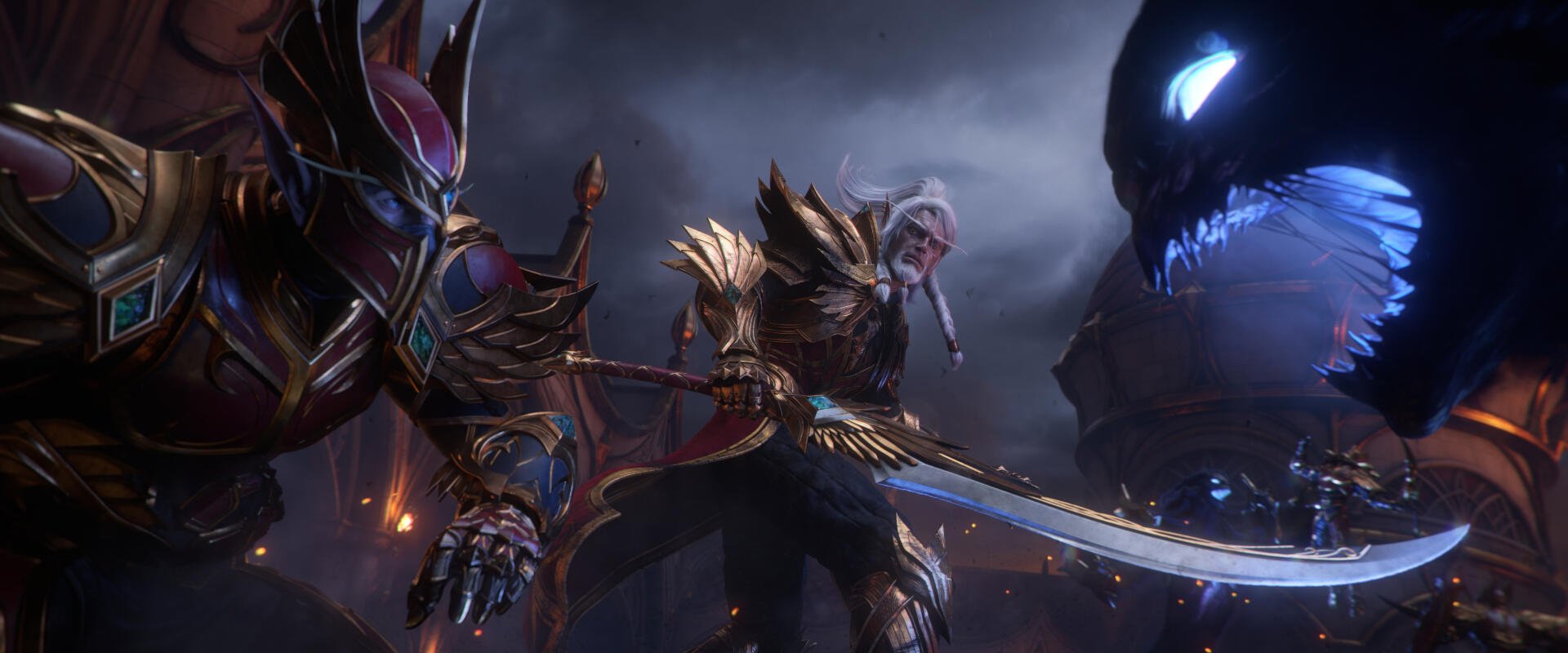 HD PC desktop wallpaper: World of Warcraft: Midnight armored elf with a glowing sword confronting a shadowy maw beneath stormy skies.