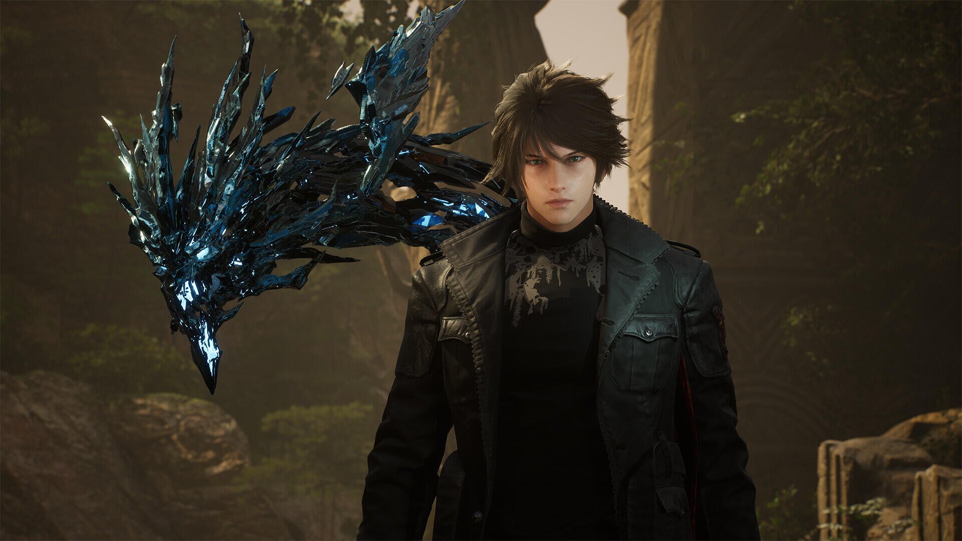 HD PC desktop wallpaper of Lost Soul Aside gaming character: brooding young man in a dark coat with a glowing crystalline dragon companion amid rocky canyon ruins.