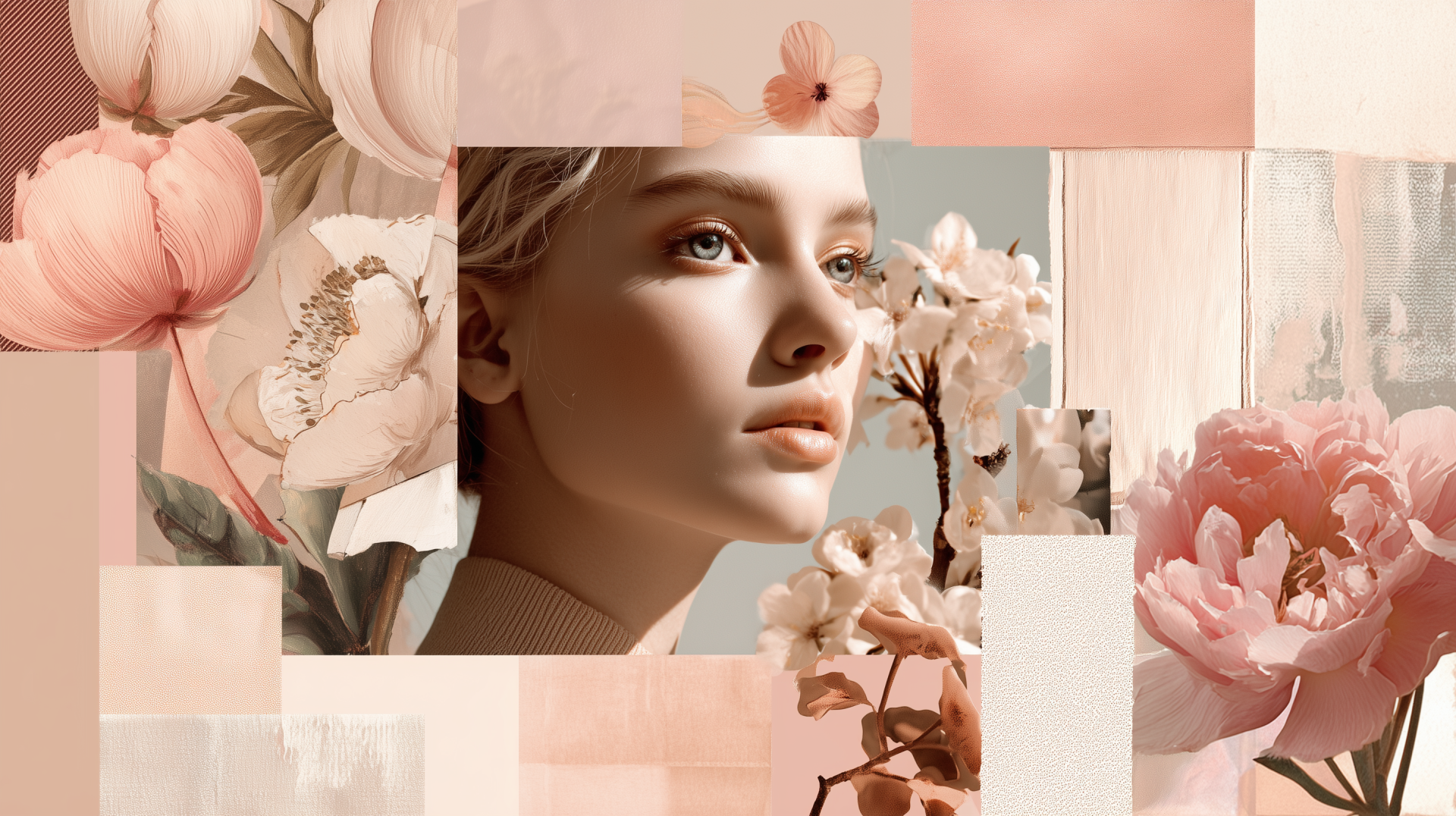 Pastel pink aesthetic collage: a girl's portrait amid soft floral motifs and geometric panels — HD PC desktop wallpaper/background.