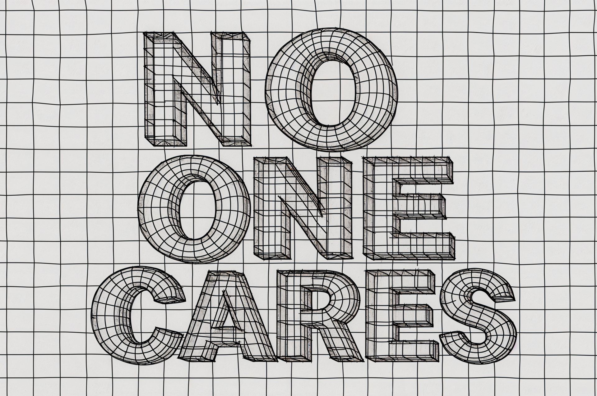 3D wireframe text NO ONE CARES on a graph-paper grid — 4K Ultra HD PC desktop wallpaper/background