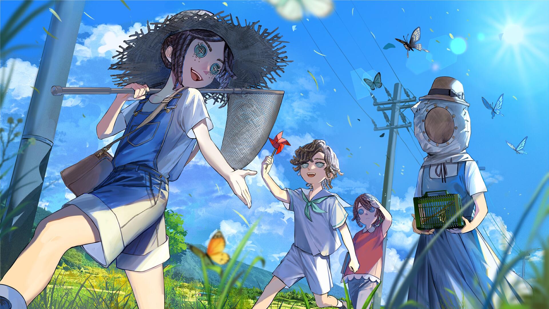 HD PC desktop wallpaper/background for the video game Identity V: four characters in a sunlit meadow—straw-hat girl with a shovel and children chasing butterflies beneath a bright blue sky.