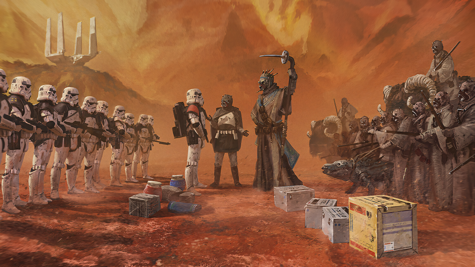 HD PC desktop wallpaper: Star Wars movie scene of stormtroopers with a Stormtrooper Commander on a red desert, facing an armed figure and droids — cinematic sci‑fi battlefield background.