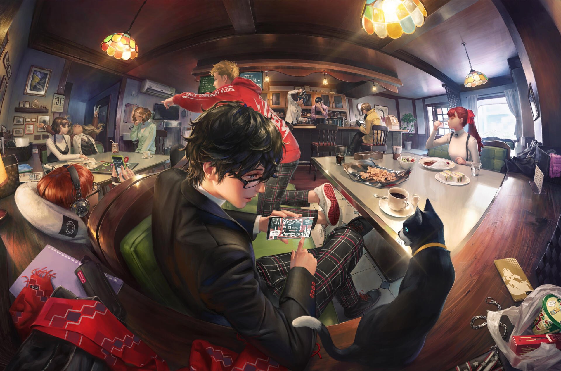 HD PC desktop wallpaper: Persona 5 video game scene of Joker (Persona) and teammates in a cozy diner, Joker reading at the table with Morgana the cat.