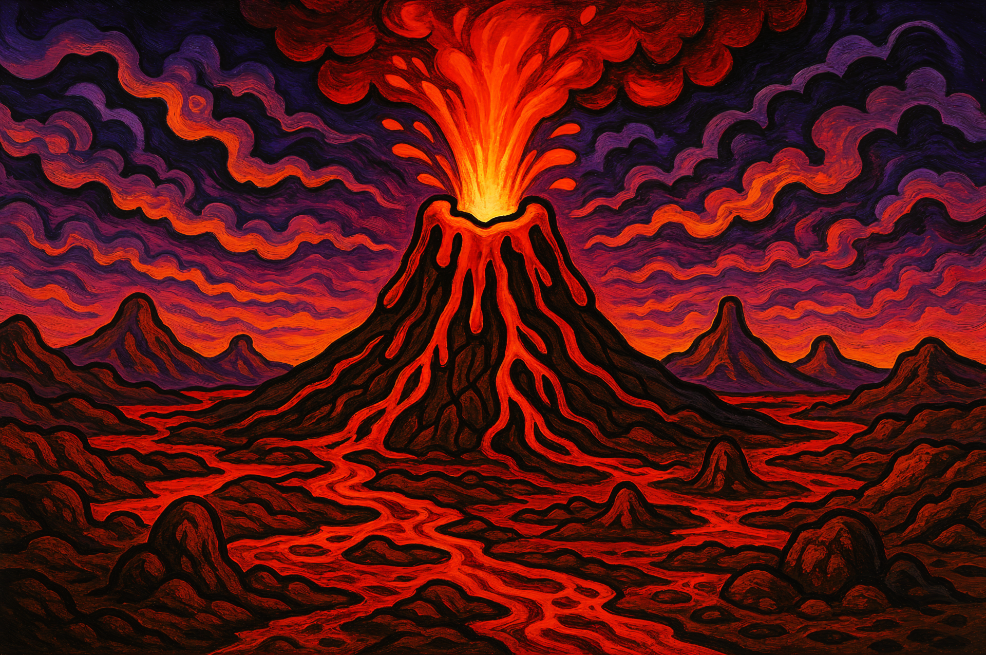 4K Ultra HD PC desktop wallpaper: vivid volcanic landscape with erupting volcano, glowing lava rivers and swirling red-orange and purple smoke over rugged peaks.