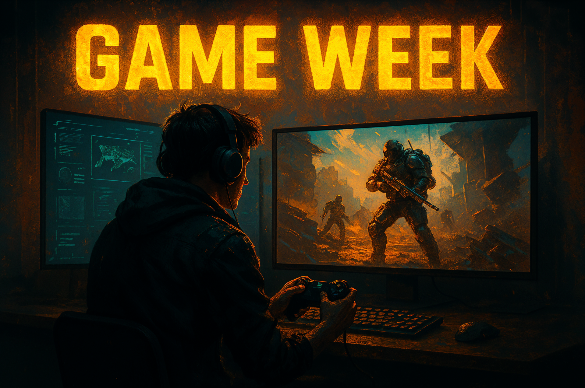 Gamer at dual-monitor rig beneath a glowing GAME WEEK sign; left screen shows HUD, right shows a soldier in combat — 4K Ultra HD PC desktop wallpaper and background.