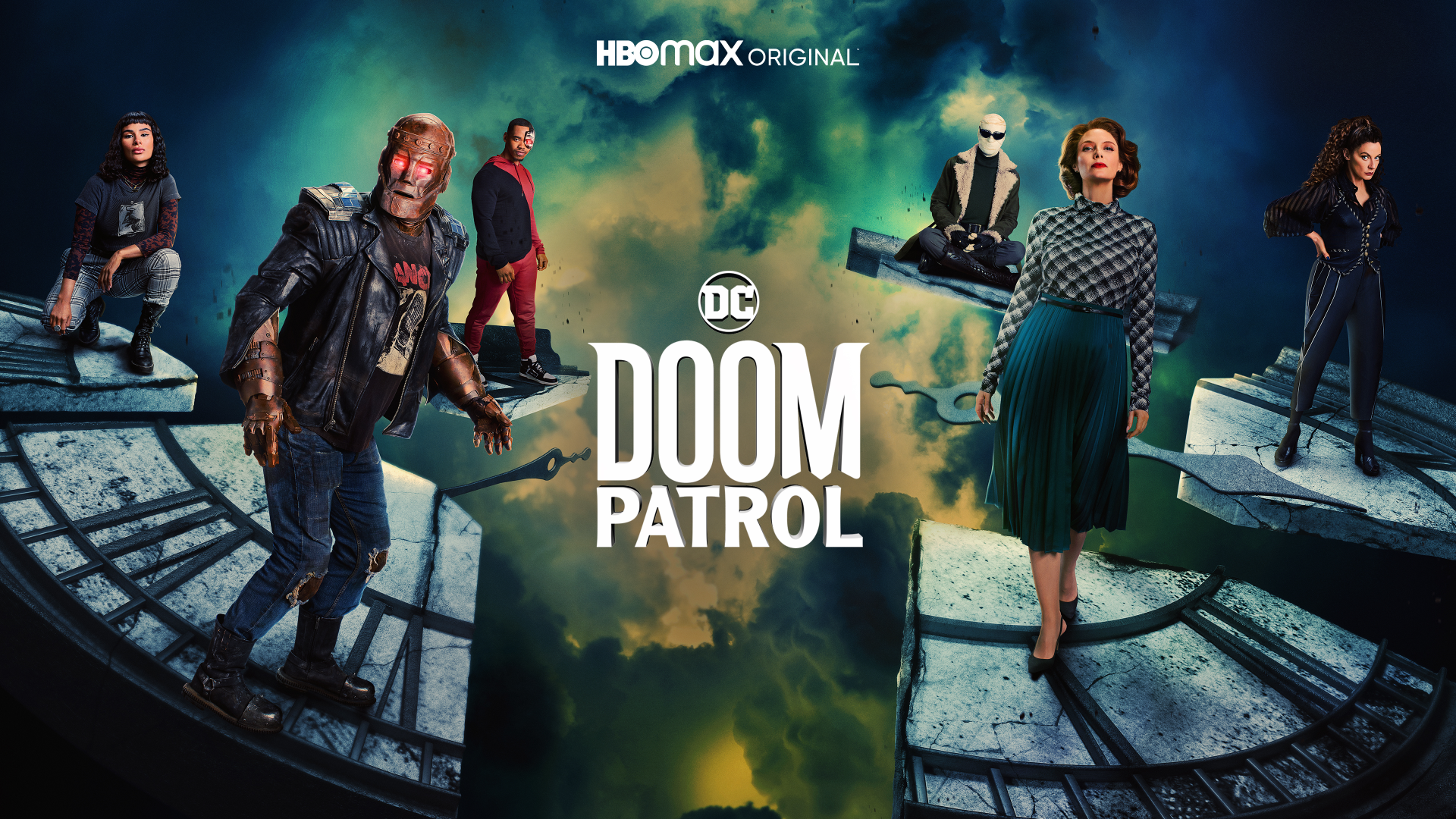 4K Ultra HD PC desktop wallpaper of the Doom Patrol TV show: the ensemble on shattered clock platforms over a stormy green sky with DC logo at center.