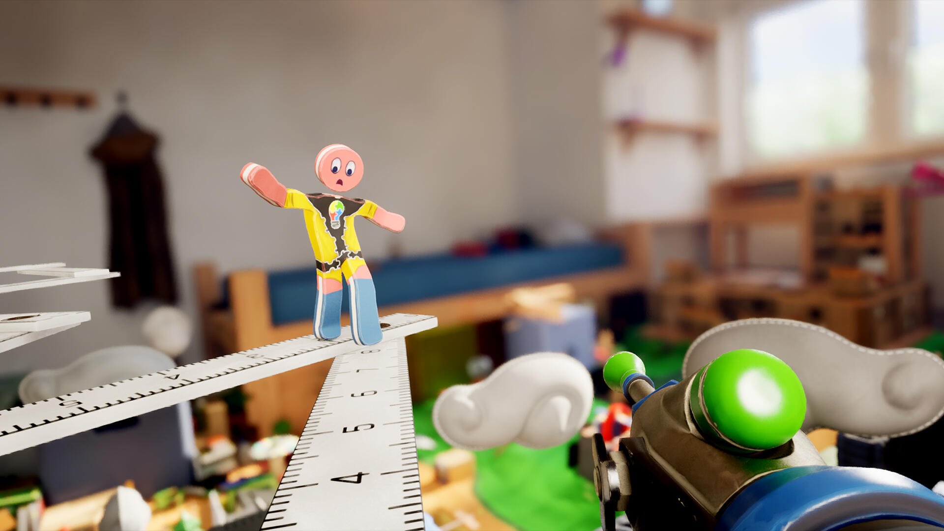 Supraworld video game HD PC desktop wallpaper: toy-like figure balances on a measuring ruler over a messy bedroom, bright first-person gadget visible in the foreground.