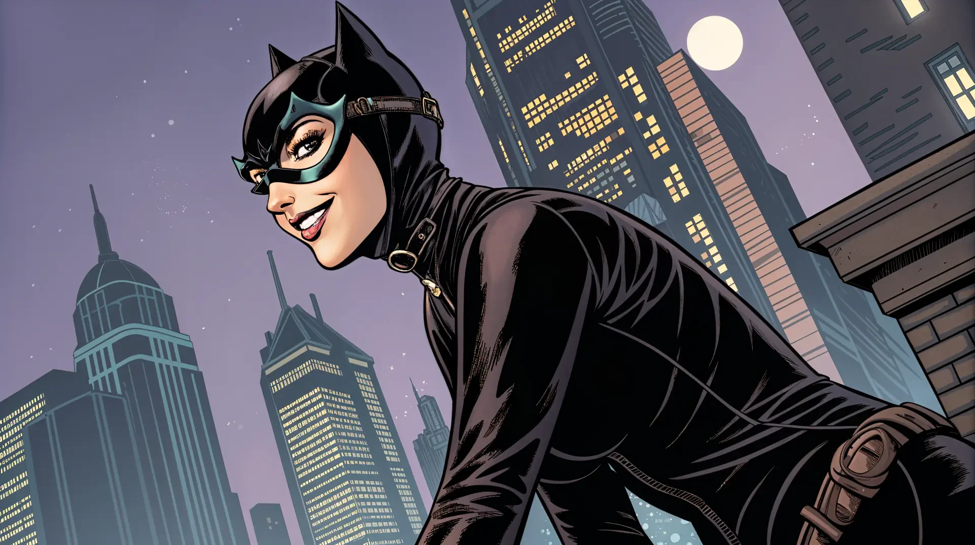 Catwoman in a glossy black catsuit and goggles, perched on a rooftop against a moonlit Gotham skyline — 4K Ultra HD PC desktop wallpaper/background.