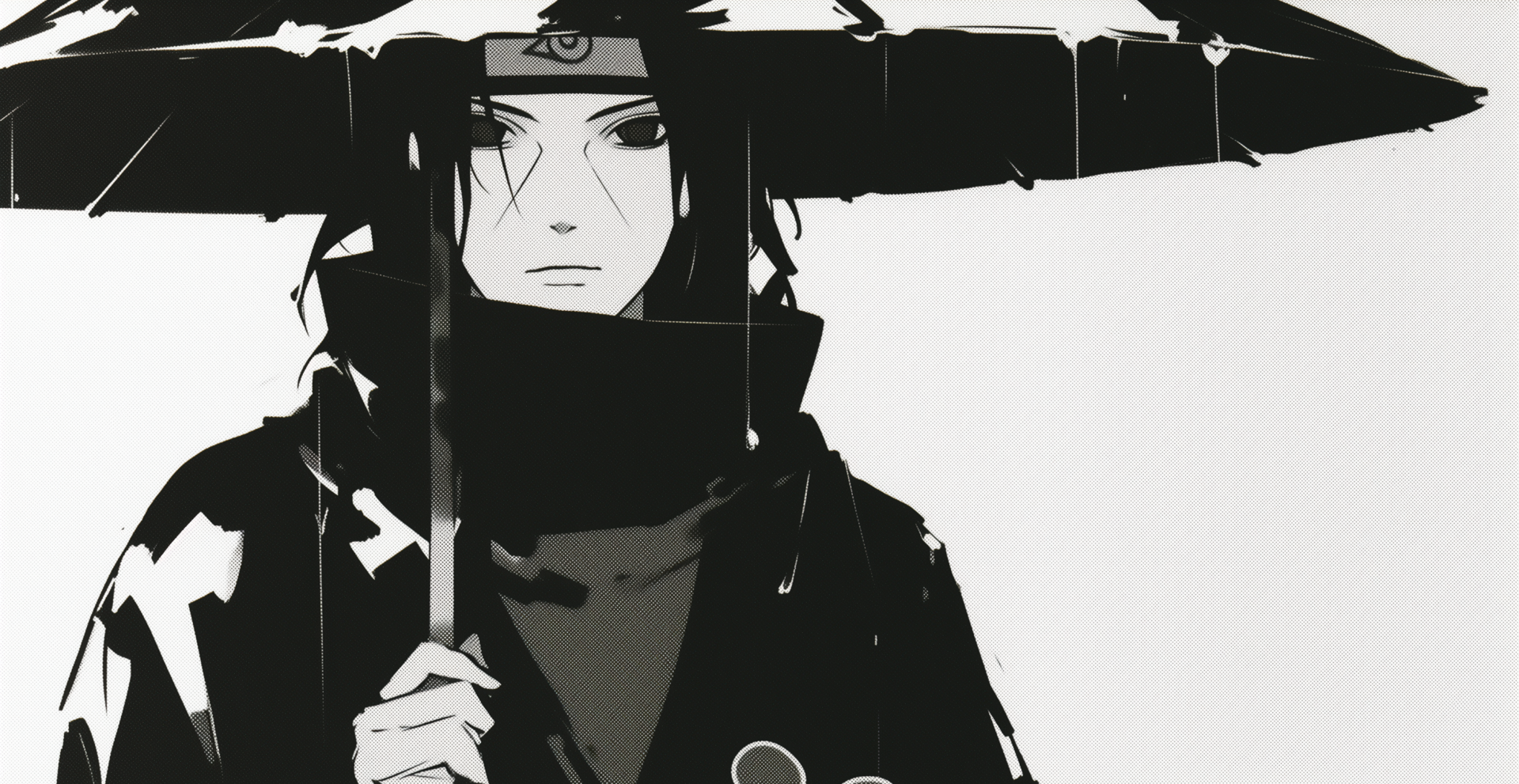 Manga-style HD PC desktop wallpaper of Naruto's Itachi Uchiha: monochrome portrait holding an umbrella, intense gaze, Akatsuki cloak on a stark white background.