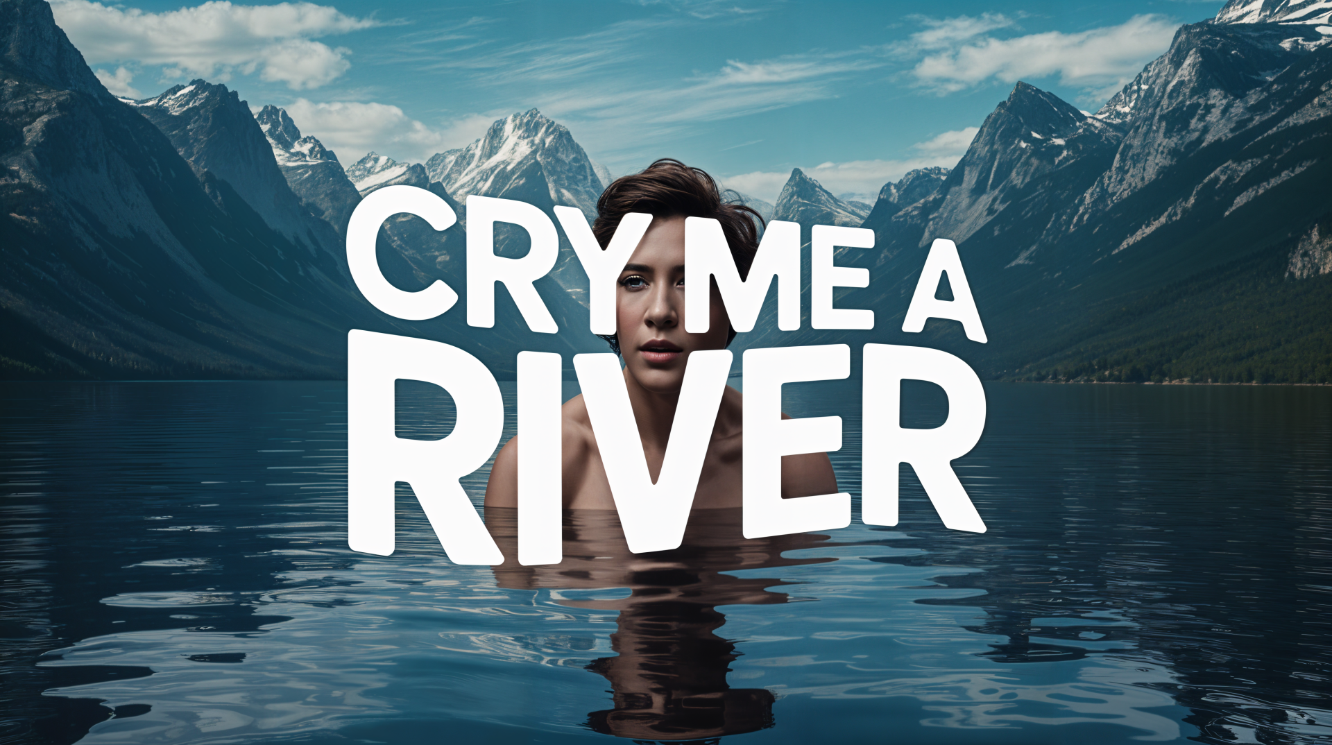 4K Ultra HD PC desktop wallpaper/background: person submerged in a calm mountain lake with bold CRY ME A RIVER text over reflective water and snow-capped peaks.