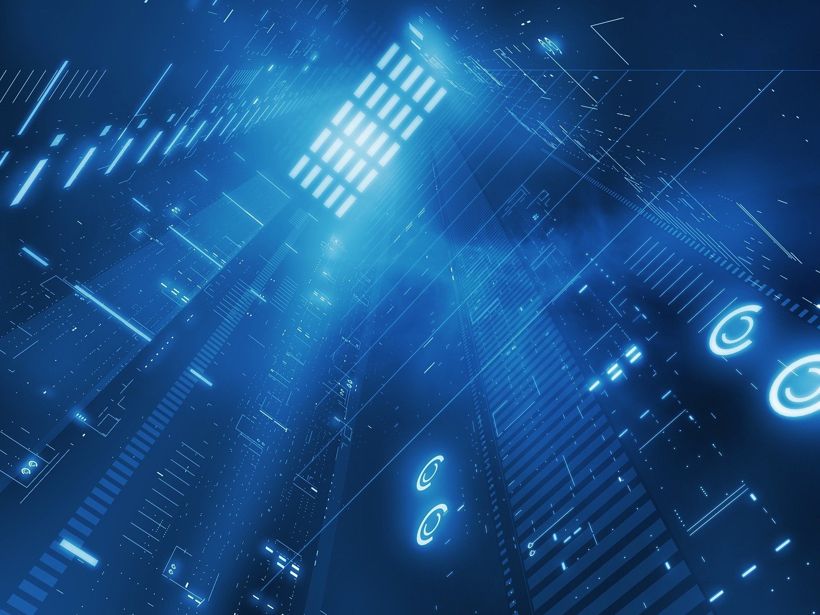 A captivating blue artistic HD wallpaper featuring illuminated patterns and geometric shapes, creating a dynamic and futuristic atmosphere.