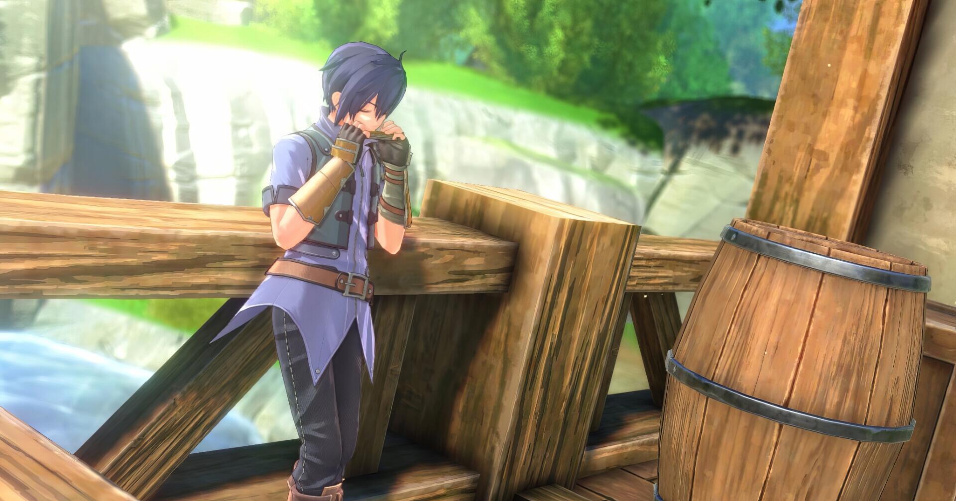 HD PC desktop wallpaper of the video game Trails in the Sky 1st Chapter: a character leaning on a wooden bridge railing with a waterfall and sunlit forest in the background.