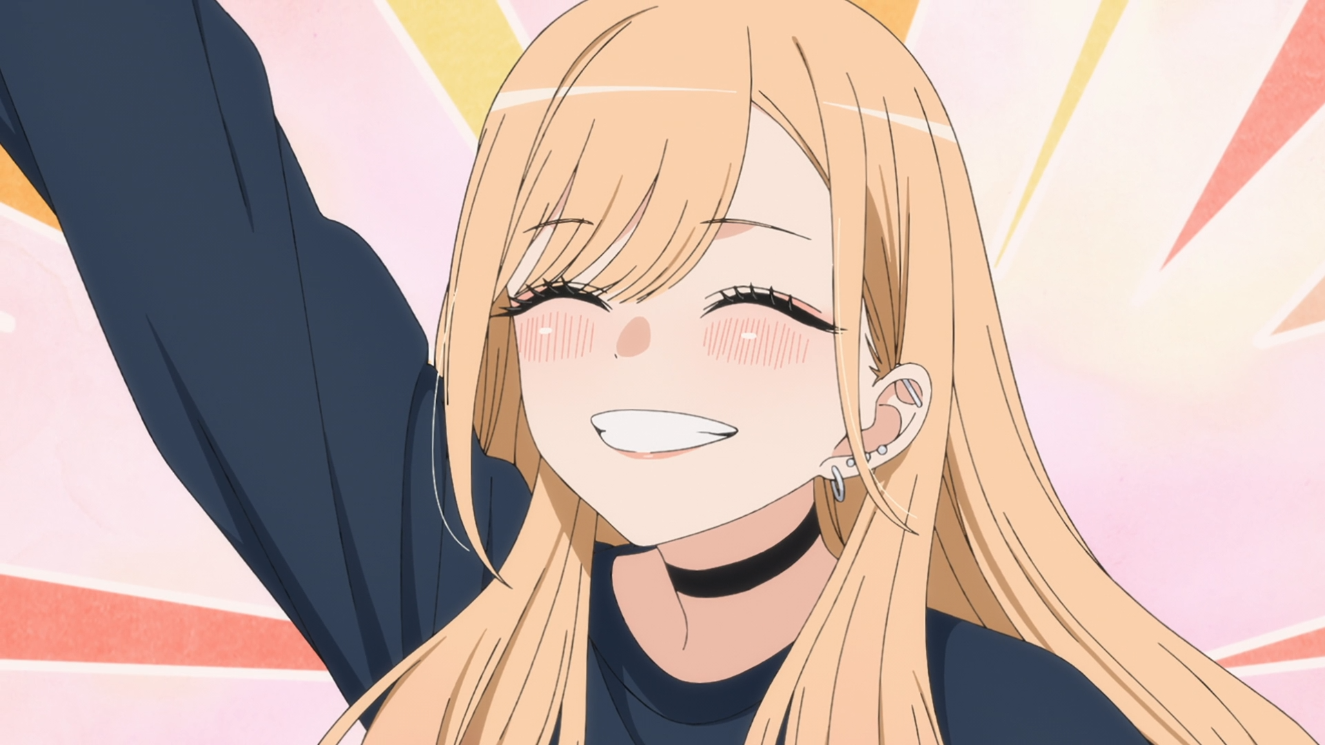 HD PC desktop wallpaper of Marin Kitagawa from My Dress-Up Darling — cheerful, blushing close-up with long blonde hair, choker, and pastel burst background.
