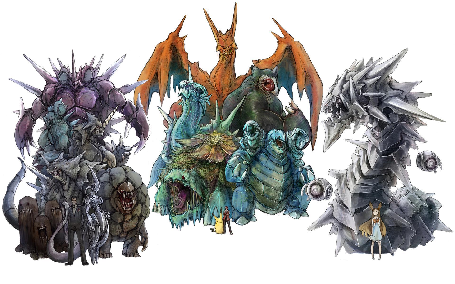 HD PC desktop wallpaper featuring stylized Pokémon—three towering draconic, armored creatures with a small trainer for scale; video game fan-art background.
