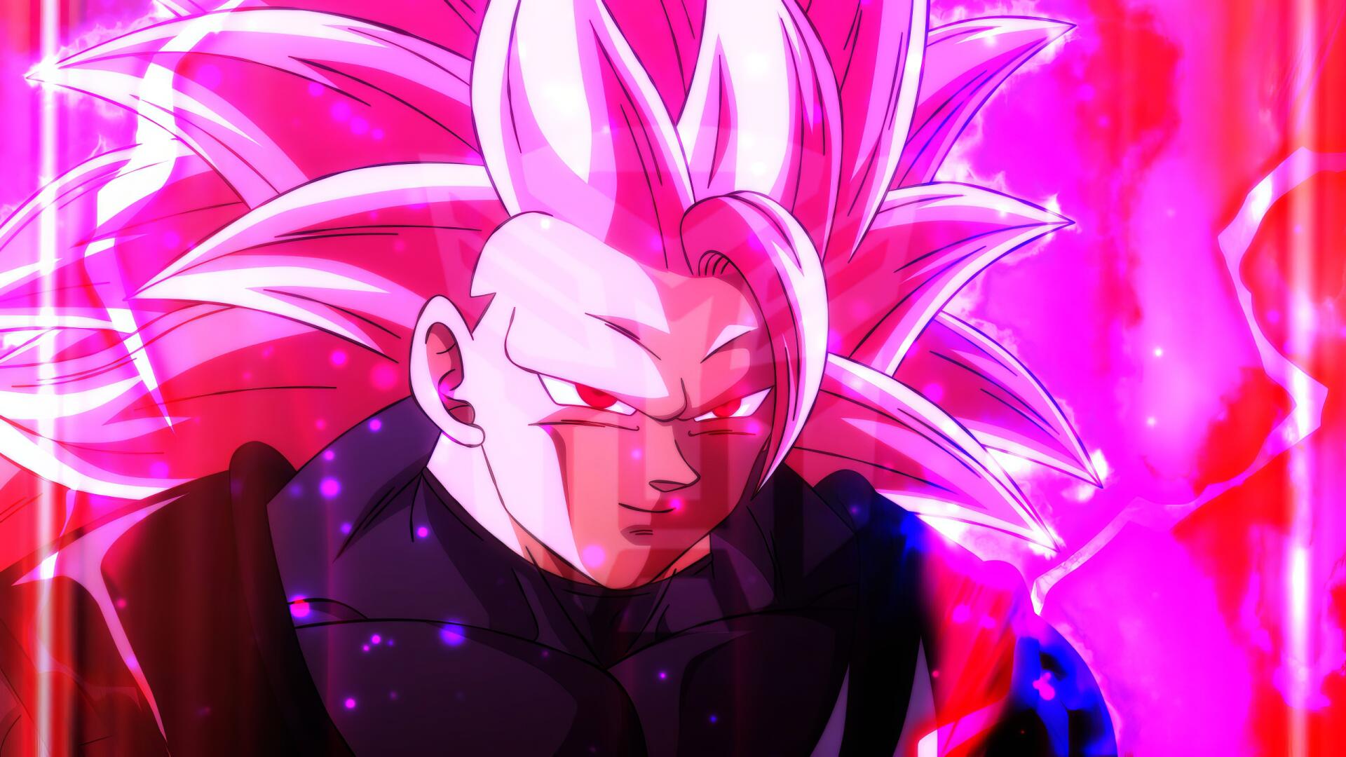 HD PC wallpaper showing anime Black Goku in Super Saiyan 3 / Super Saiyan Rosé form from Dragon Ball Super, bathed in a vivid pink aura with an intense glare.