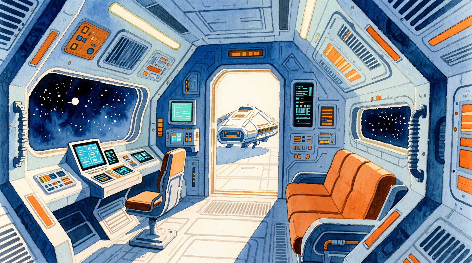4K Ultra HD PC desktop wallpaper of a bright, stylized spaceship interior: control panels, captain's chair, orange sofa and open airlock revealing a small ship and starfield beyond.