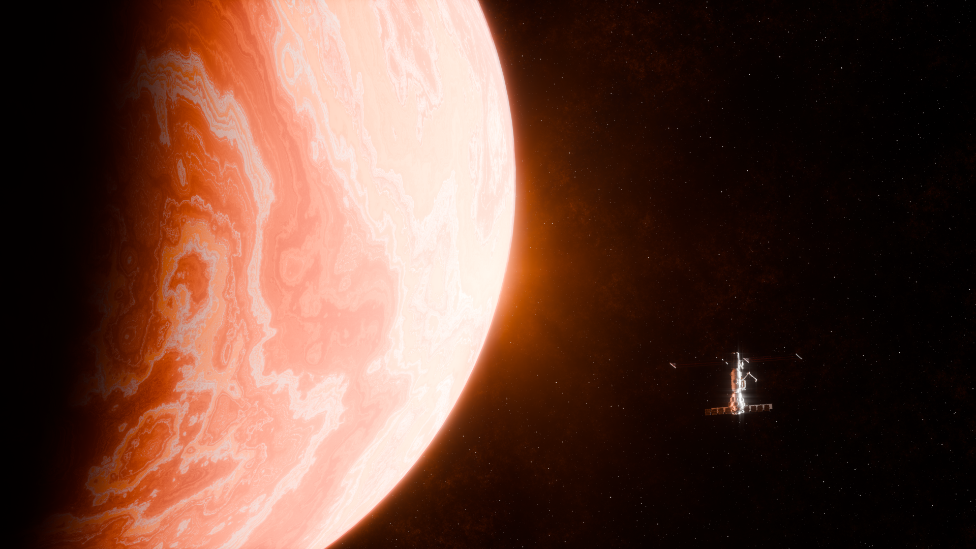 Sci-Fi 4K Ultra HD PC desktop wallpaper: a colossal pink-orange gas giant fills the left; a lone spacecraft drifts in the dark starfield to the right.