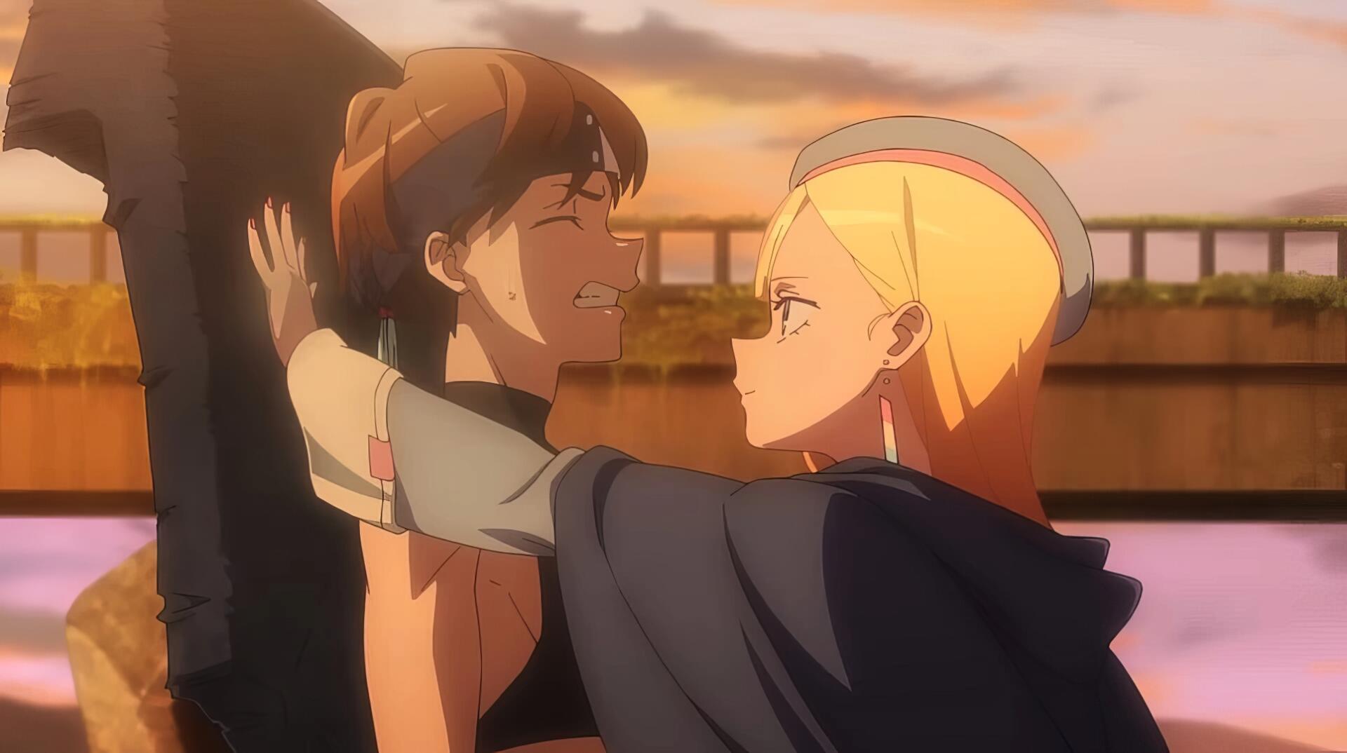 Anime — Dusk Beyond the End of the World: two characters share a warm moment on a bridge at sunset, rich golden hues, HD PC desktop wallpaper/background.