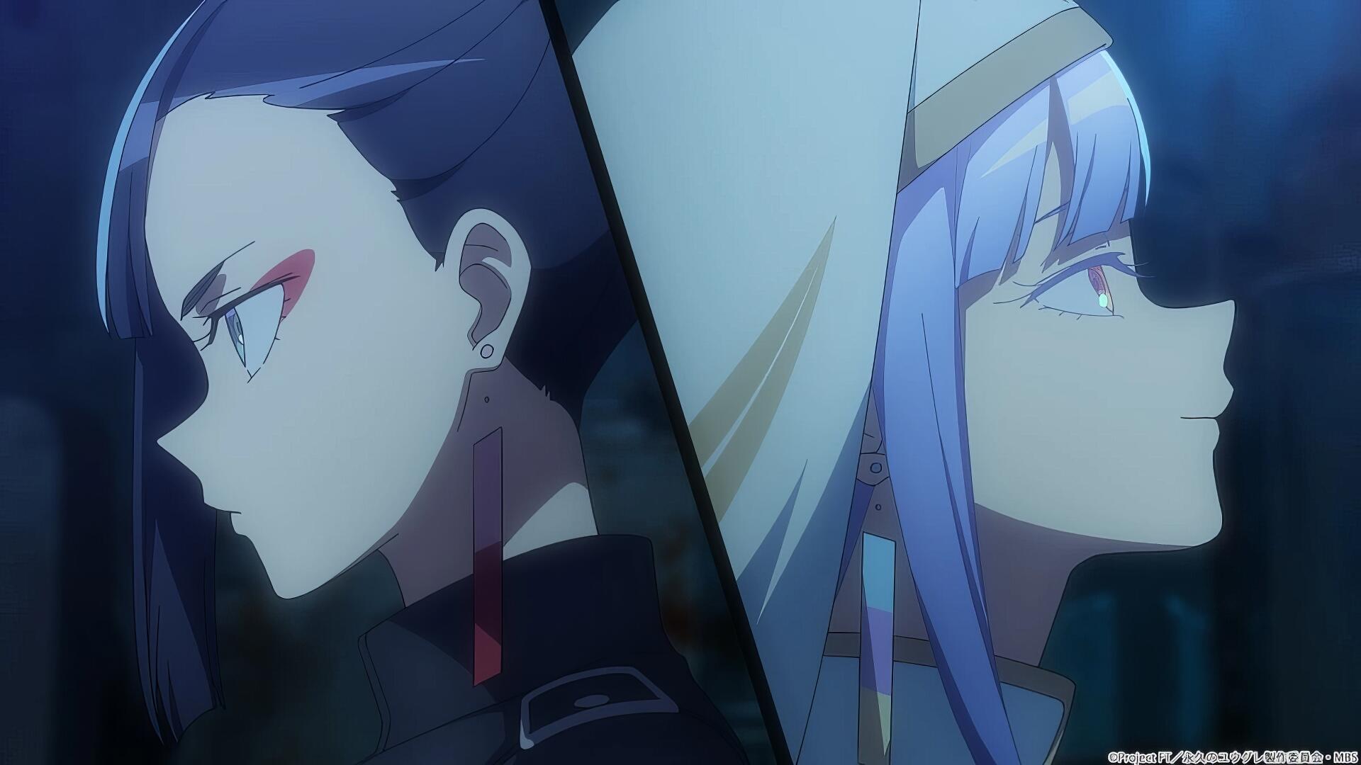 Anime HD PC desktop wallpaper — Dusk Beyond the End of the World: two characters back-to-back in profile, one dark-haired with red eye makeup, the other pale blue-haired in a hood at dusk.