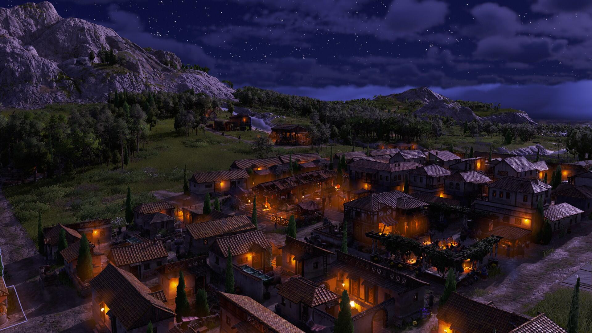 HD PC desktop wallpaper of a nighttime gaming environment village from the video game Anno 117: Pax Romana, showing lit medieval houses clustered beneath a starry sky.
