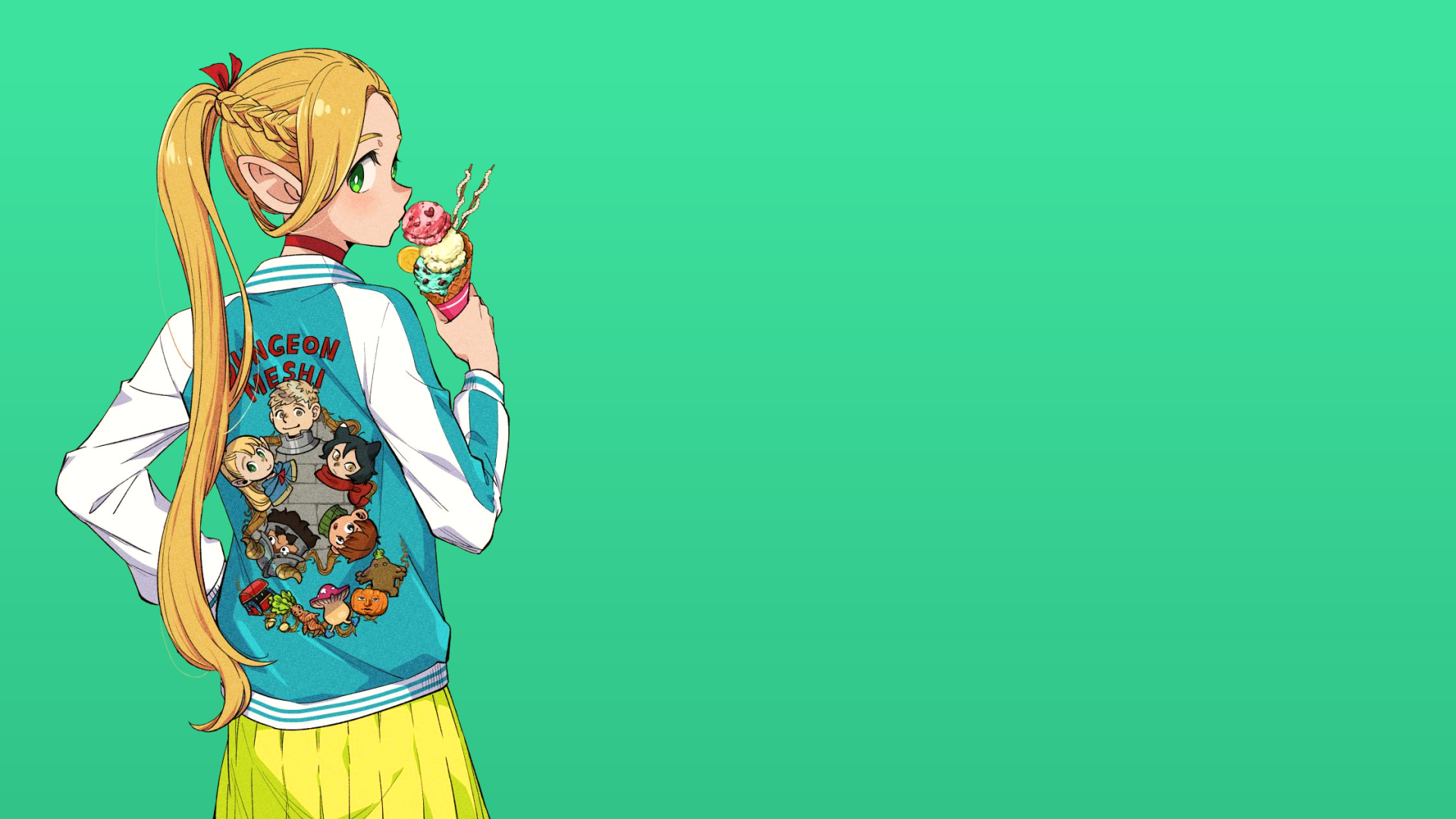 HD PC desktop wallpaper: Marcille Donato from Delicious in Dungeon — blonde anime girl in a blue varsity jacket with character art, standing against a vibrant green gradient background.
