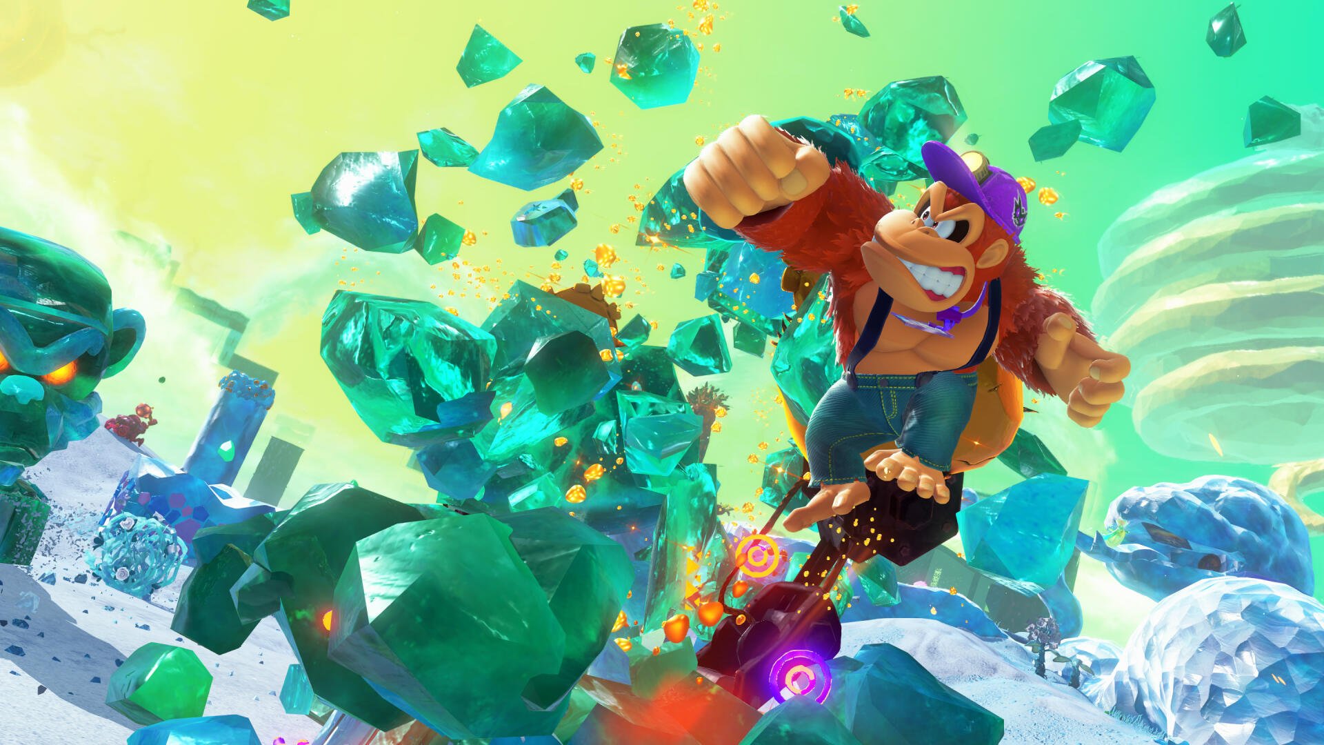Donkey Kong Bananza HD PC desktop wallpaper and background: Donkey Kong bursts through flying emerald crystals across a snowy, ruined landscape beneath a vivid green sky.