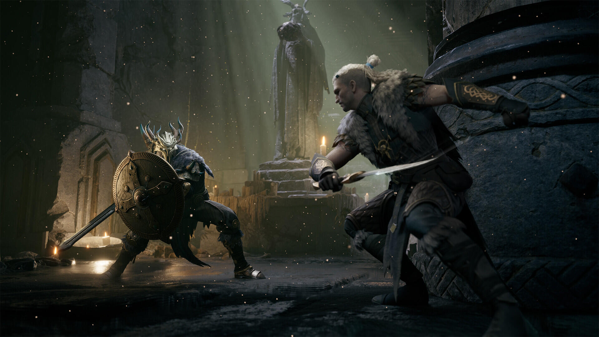 HD PC desktop wallpaper and background from the video game Mistfall Hunter — armored hunter with shield and sword clashes with a cloaked foe in a snowy, torchlit ruin.