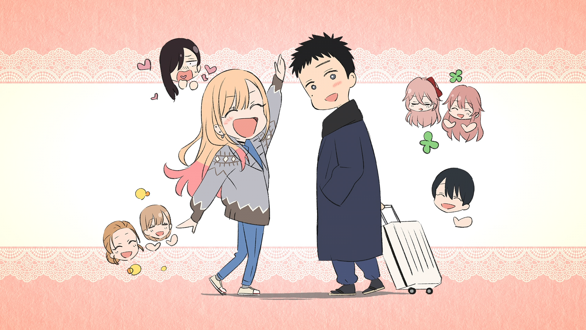 HD PC desktop wallpaper from the anime My Dress-Up Darling: Marin Kitagawa happily holding Wakana Gojo's hand as he pulls a suitcase, surrounded by playful chibi doodles.