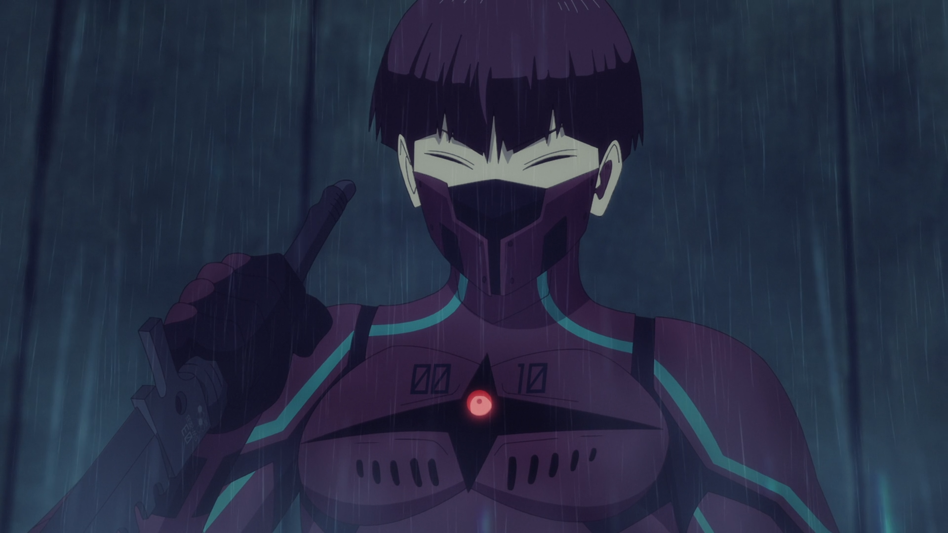 HD anime desktop wallpaper of Kaiju No. 8's Soushirou Hoshina in a dark combat suit and mask, glowing chest core, standing in rain against a shadowed industrial background.