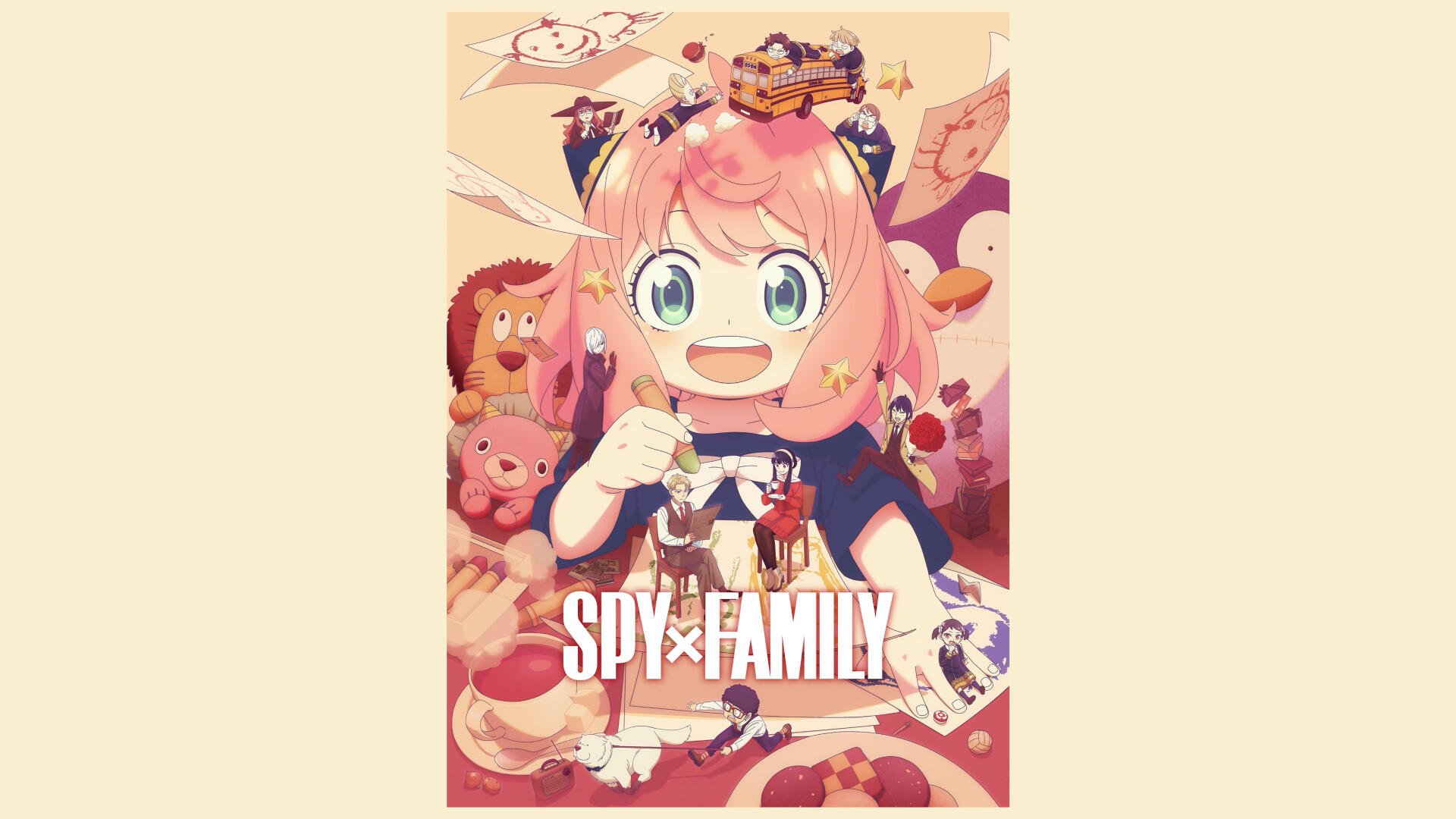 Vibrant Spy x Family 4K Ultra HD PC desktop wallpaper showing cheerful Anya Forger surrounded by toys and sweets, with the bold SPY×FAMILY logo across the lower center.
