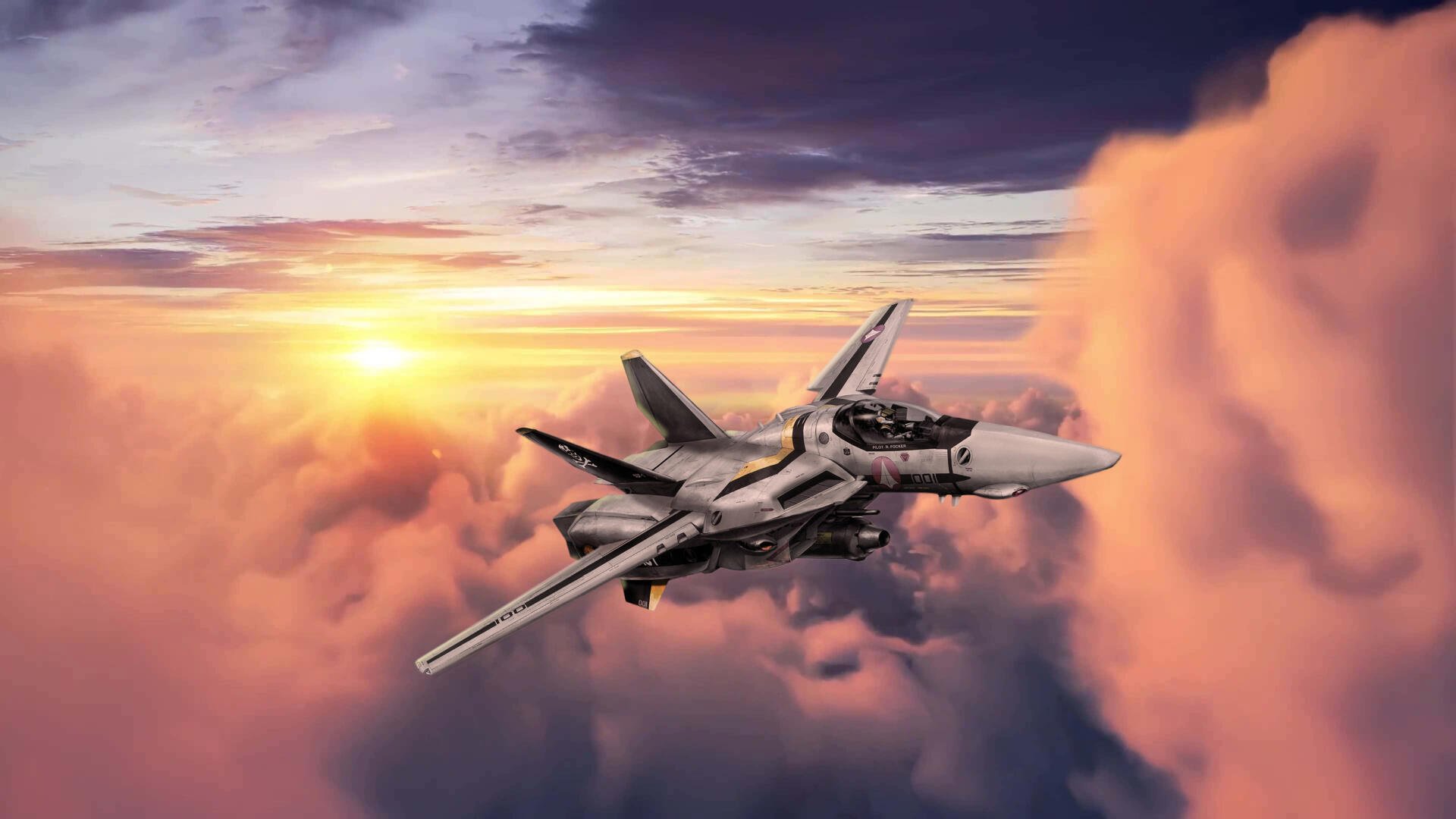 Robotech/Macross variable fighter soaring through orange-pink clouds at sunset, dramatic 8K Ultra HD PC desktop wallpaper and background.