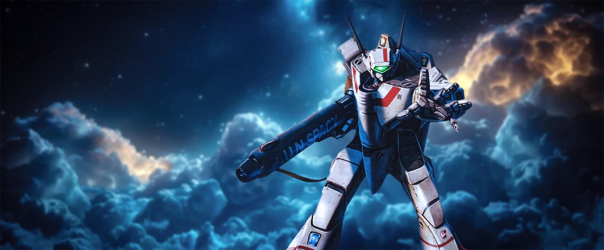 Robotech/Macross HD PC desktop wallpaper: a white Veritech mecha in a heroic pose, holding a large rifle against a dramatic cloud-and-star sky background.