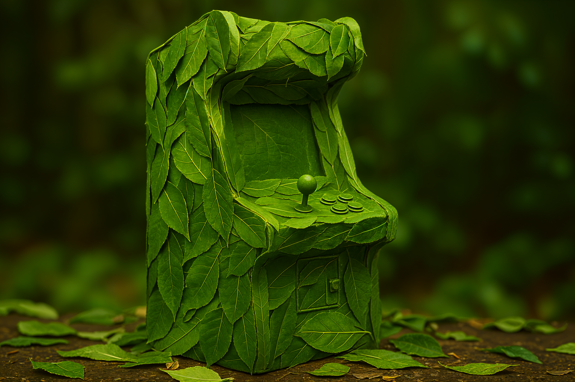 4K Ultra HD PC desktop wallpaper: an arcade machine overgrown with green leaves, joystick peeking out, resting in a lush forest clearing.