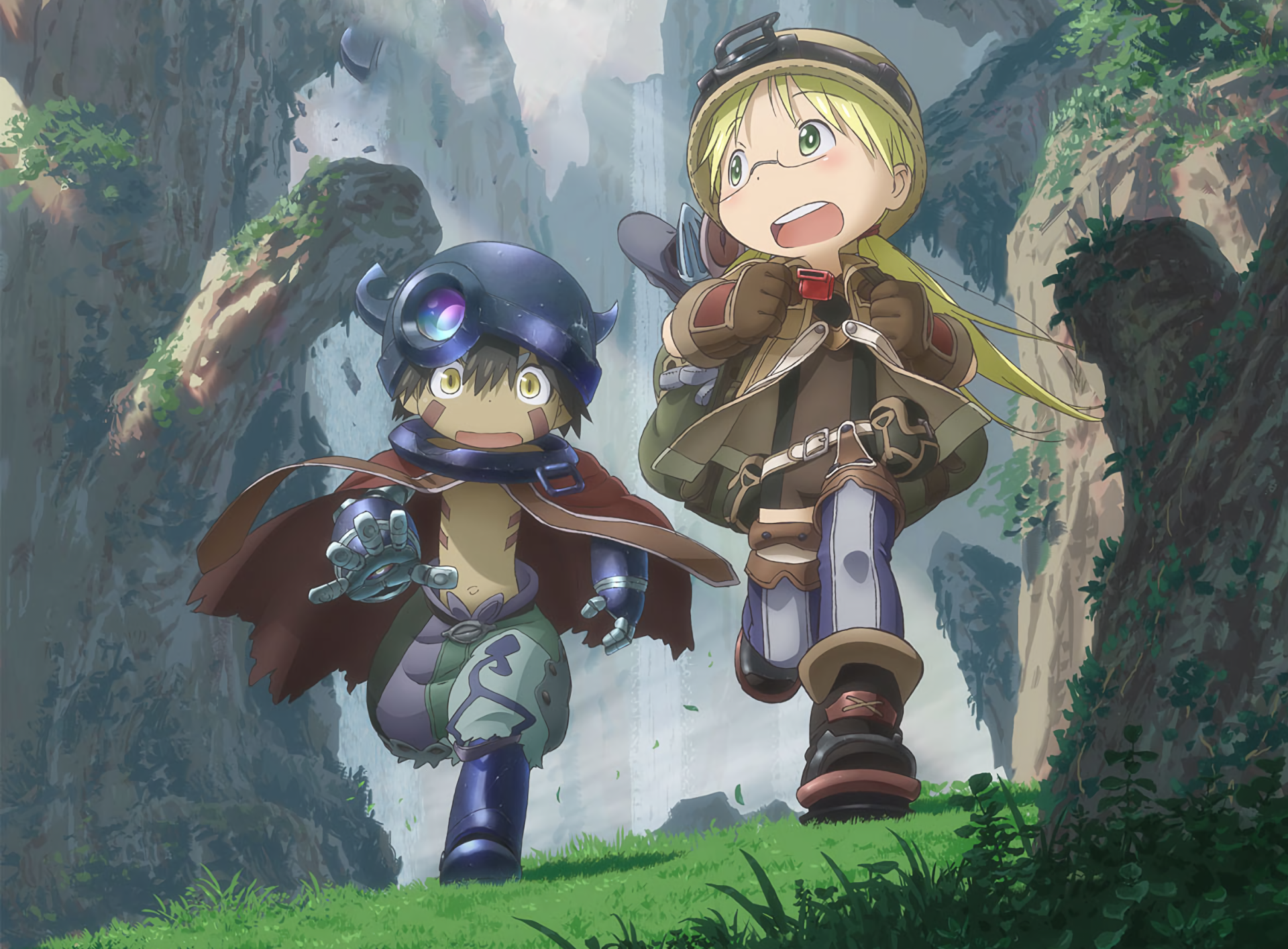 HD PC desktop wallpaper of Riko and Regu (Made in Abyss) racing across a sunlit cliffside, laughing and holding hands as friends on an adventure.