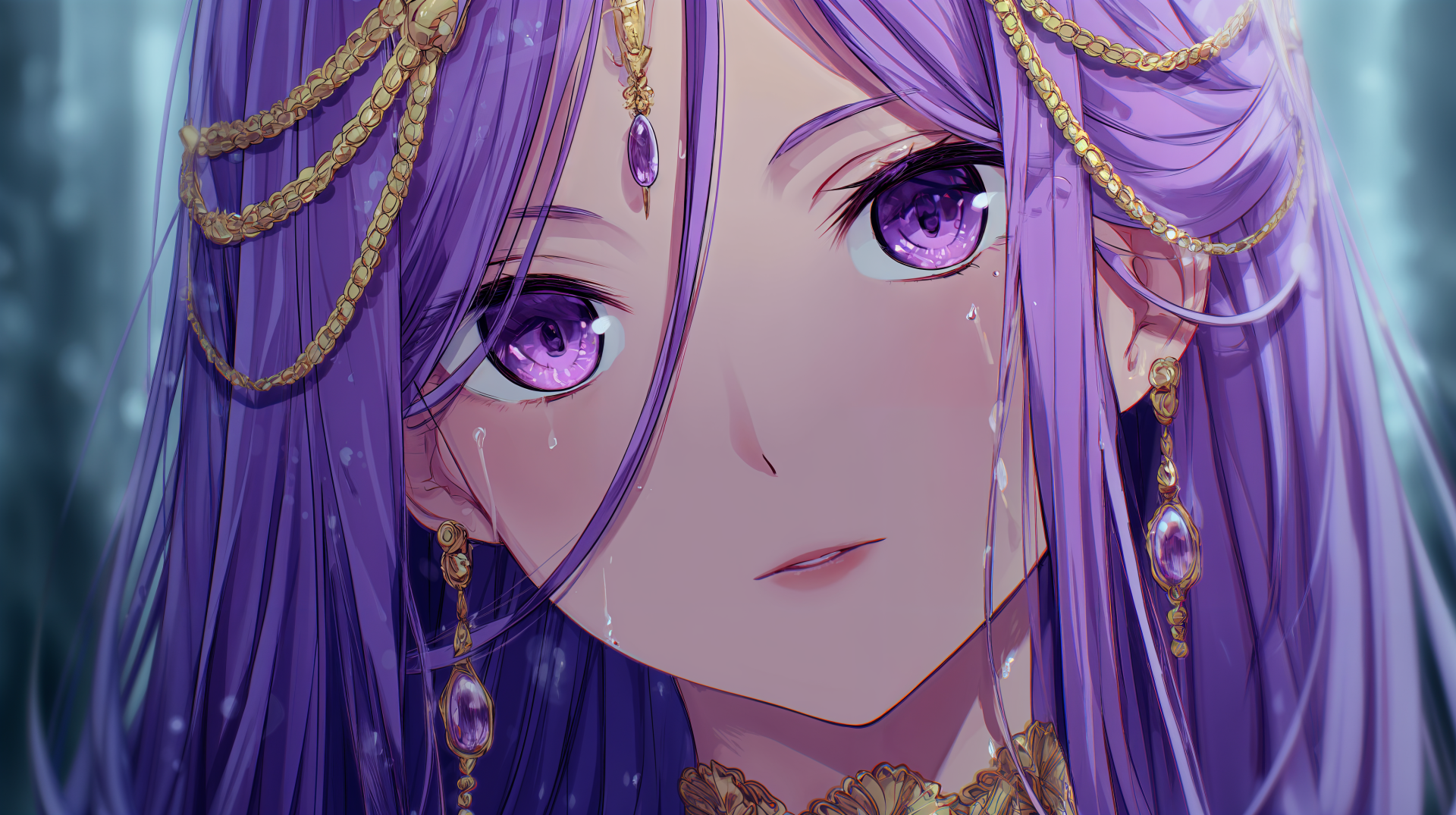4K Ultra HD PC desktop wallpaper: anime girl with long violet hair and striking purple eyes, wearing ornate gold jewelry and a delicate, enigmatic expression.