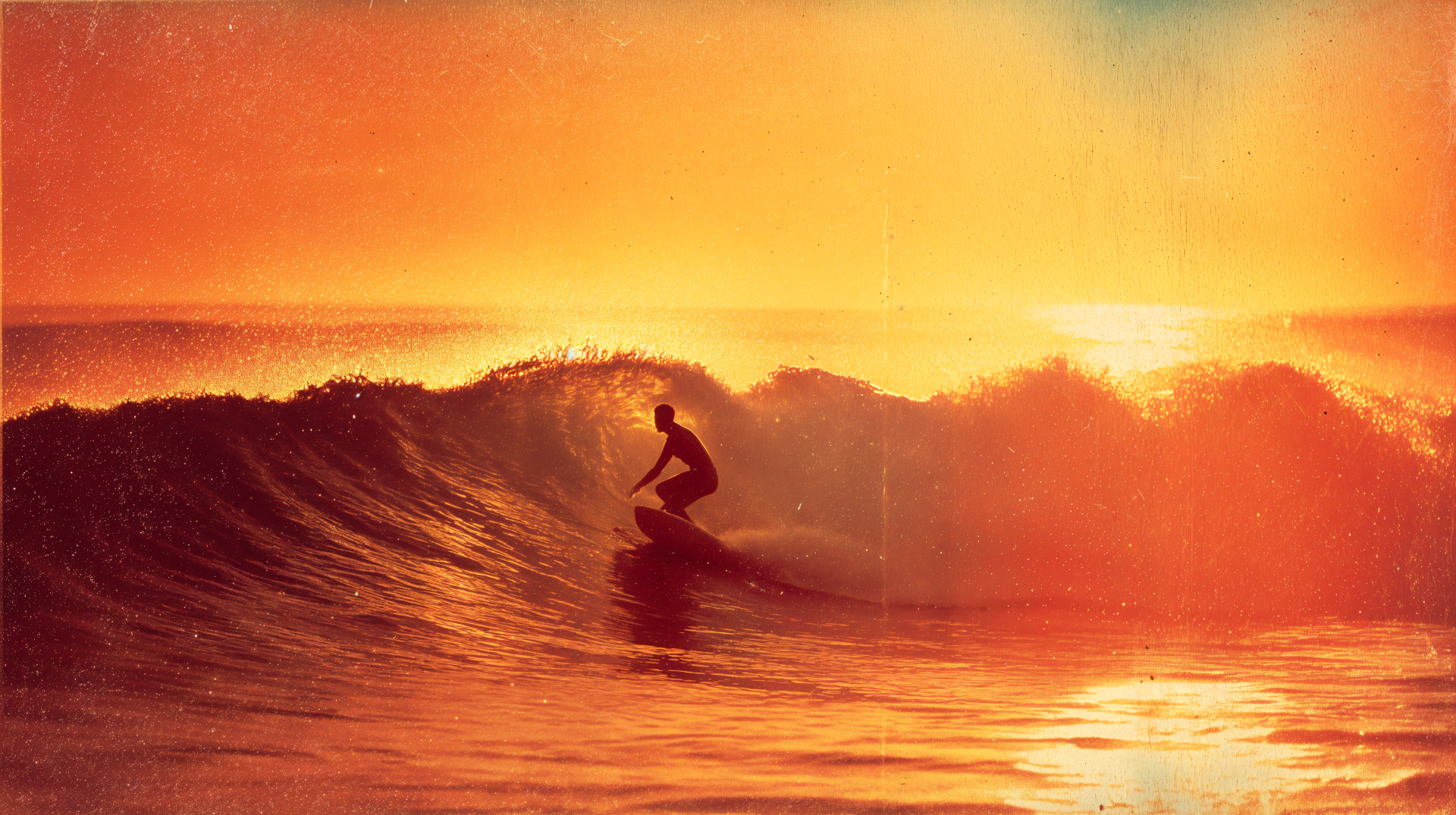 Silhouetted surfer carving a glowing orange wave at sunset — 4K Ultra HD PC desktop wallpaper/background featuring surfing and a dramatic ocean wave.