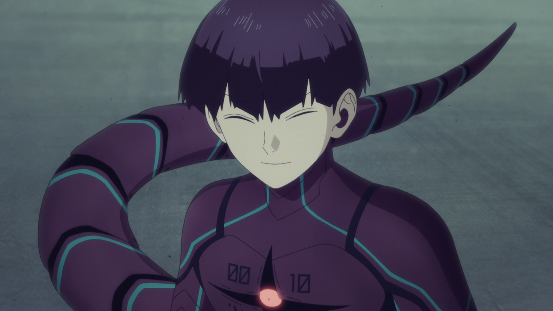 HD PC wallpaper of Soushirou Hoshina from Kaiju No. 8: anime portrait in a dark purple suit, eyes closed with a calm smile, a segmented tail-like appendage curling behind him.