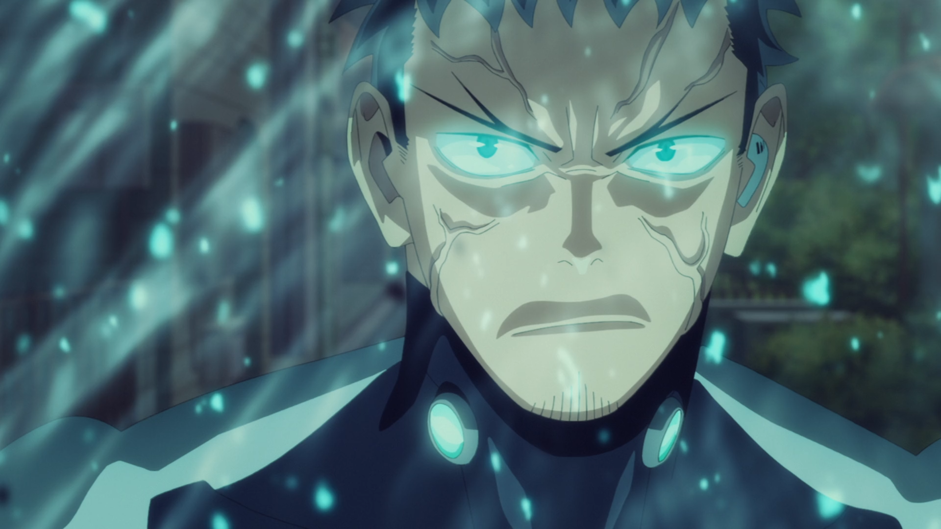 Anime HD PC desktop wallpaper/background featuring Kafka Hibino from Kaiju No. 8 — intense close-up with glowing cyan eyes, rain-soaked face and teal particle effects.