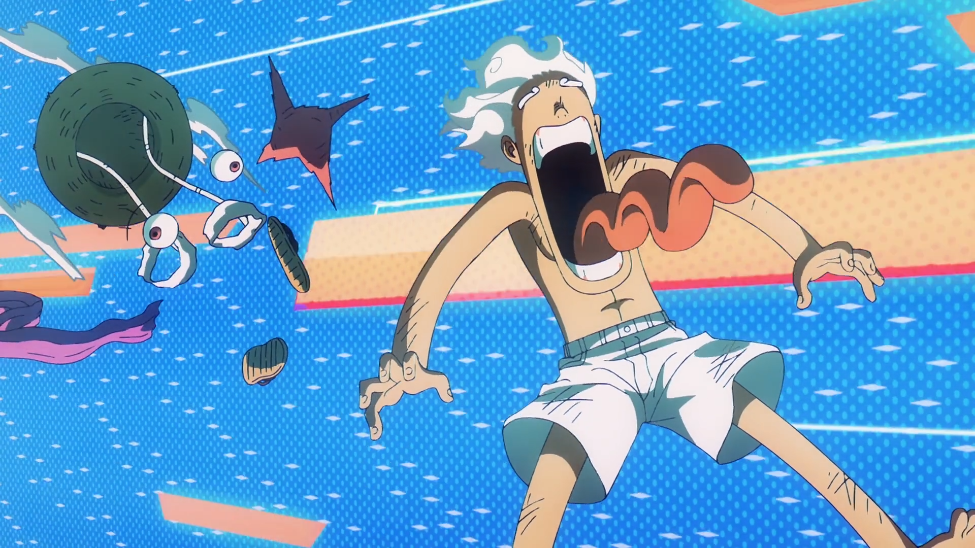 HD anime desktop wallpaper of Monkey D. Luffy in Gear 5 (One Piece), exuberantly flying over a sparkling blue sea amid playful, whimsical sea creatures.
