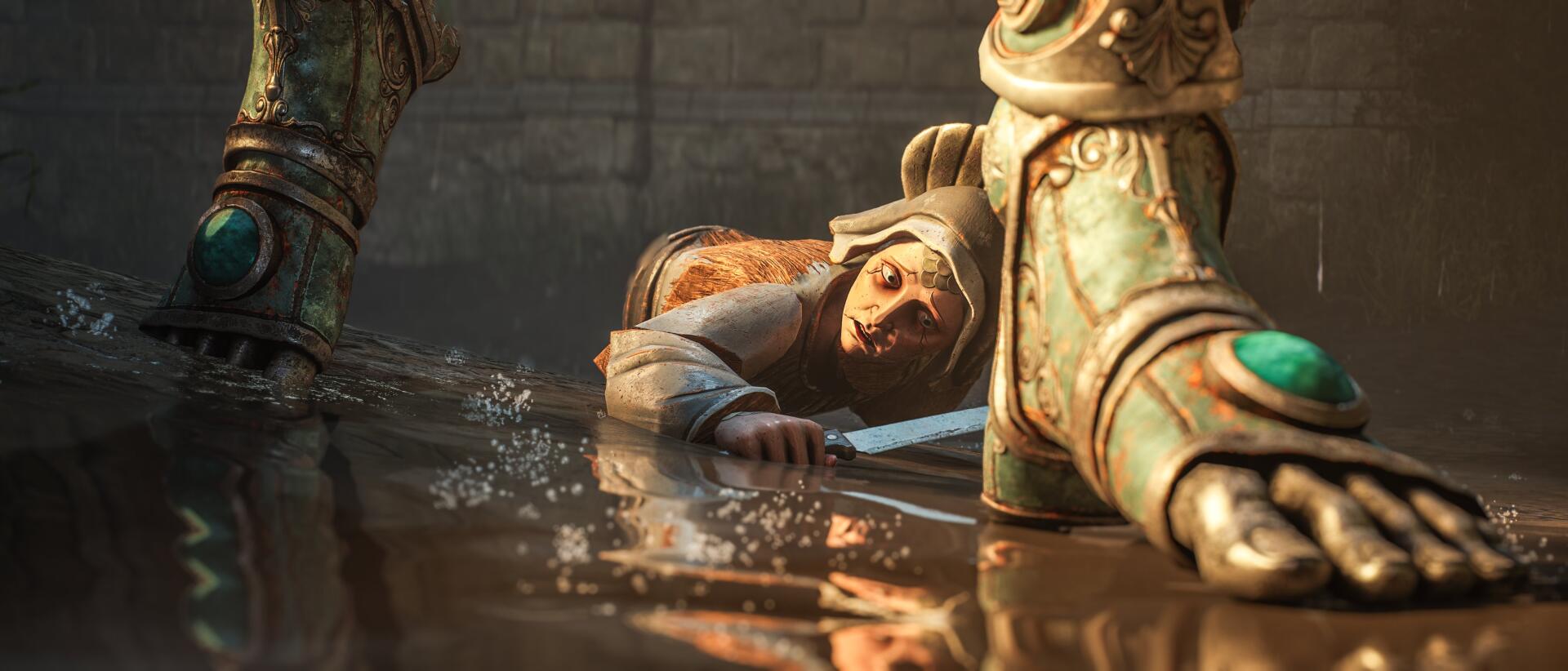 Cinematic scene from the video game Crisol: Theater of Idols — hooded figure on a reflective wet floor clutching a dagger beneath an ornate armored sentinel. 2K Quad HD PC desktop wallpaper.